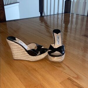 Jimmy Choo Black Patent Leather Wedge Sandals